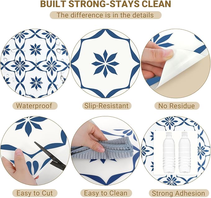 20-Pack Peel and Stick Floor Tile, 7.9”x7.9” Self-Adhesive Vinyl Flooring for Bathroom Kitchen, Waterproof Non-Slip Durable Easy DIY Removable No Residue Blue
