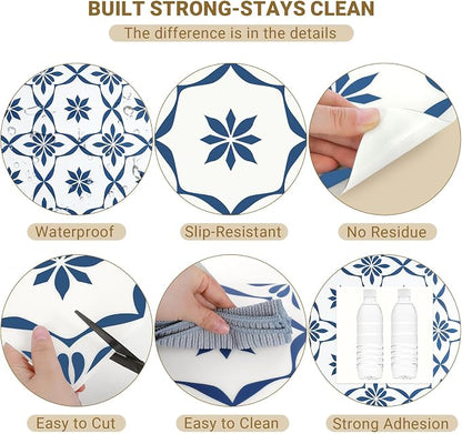 20-Pack Peel and Stick Floor Tile, 7.9”x7.9” Self-Adhesive Vinyl Flooring for Bathroom Kitchen, Waterproof Non-Slip Durable Easy DIY Removable No Residue Blue