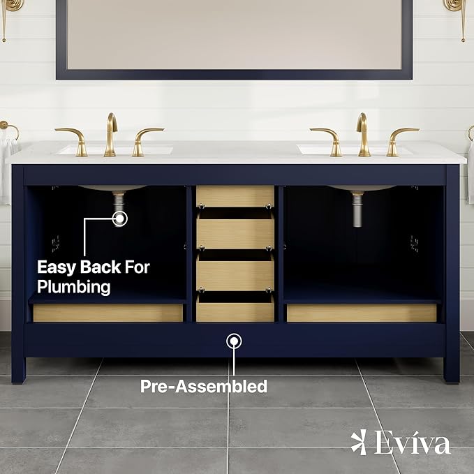 Eviva Aberdeen 72 in. Blue Double Sink Bath Vanity with Carrara Quartz Top and Undermount Porcelain Sinks