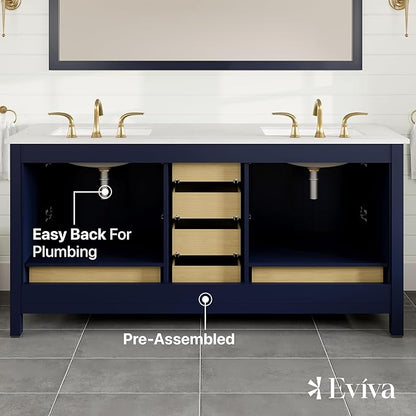 Eviva Aberdeen 72 in. Blue Double Sink Bath Vanity with Carrara Quartz Top and Undermount Porcelain Sinks