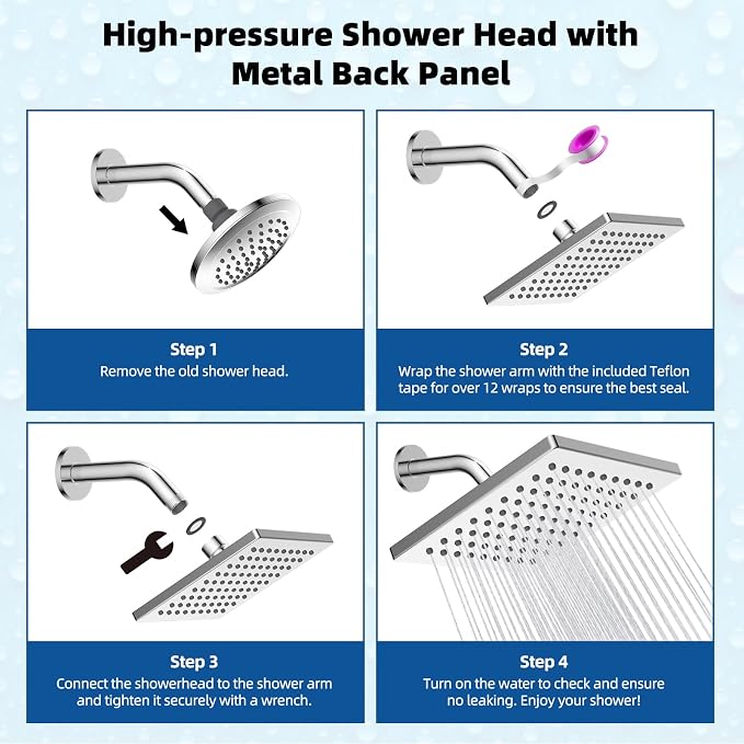 Hibbent cUPC Certified Thickness Metal 6'' Square Rain Shower Head, Chrome | High Pressure Shower Head, Bathroom Waterfall Shower Heads, High Flow Fixed Showerheads with Adjustable Brass Ball Joint