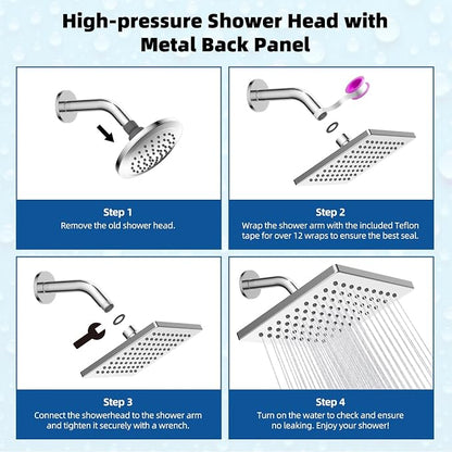 Hibbent cUPC Certified Thickness Metal 6'' Square Rain Shower Head, Chrome | High Pressure Shower Head, Bathroom Waterfall Shower Heads, High Flow Fixed Showerheads with Adjustable Brass Ball Joint