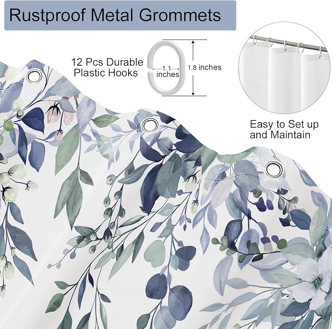 Blue Floral Eucalyptus Shower Curtain with Hooks, 36x72 Inch | Waterproof Fabric, Watercolor Leaves and Floral, Botanical Style, Machine Washable, Quick-Drying, for Hotel Bathroom