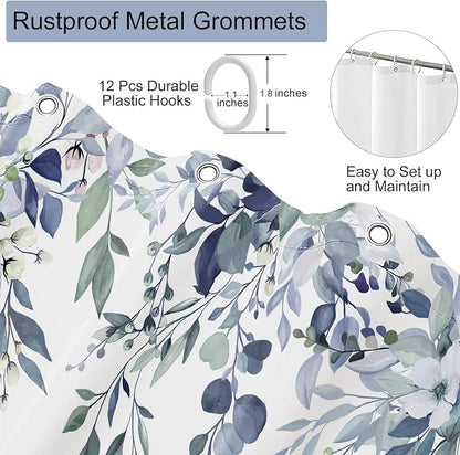 Blue Floral Eucalyptus Shower Curtain with Hooks, 36x72 Inch | Waterproof Fabric, Watercolor Leaves and Floral, Botanical Style, Machine Washable, Quick-Drying, for Hotel Bathroom