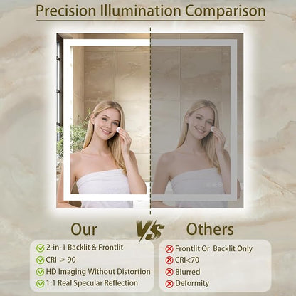 36"x36" LED Bathroom Mirror with Lights, Anti-Fog, Backlit+Frontlit | CRI 95, Stepless Dimmable, 3 Colors Lighting, Shatterproof Tempered Glass, HD Reflection, Memory, (Horizontal/Vertical)