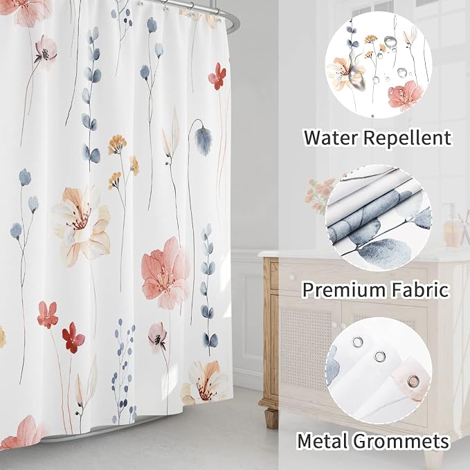 Coral Beige Watercolor Floral Fabric Shower Curtain, 54x72 | Waterproof Fabric, Modern Minimalist Floral Print, Machine Washable, Rustproof Grommets, for Bathroom Home, Stall