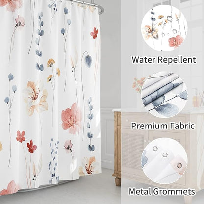Coral Beige Watercolor Floral Fabric Shower Curtain, 72x96 | Waterproof Fabric, Modern Minimalist Floral Print, Machine Washable, Rustproof Grommets, for Bathroom Home, Extra Long