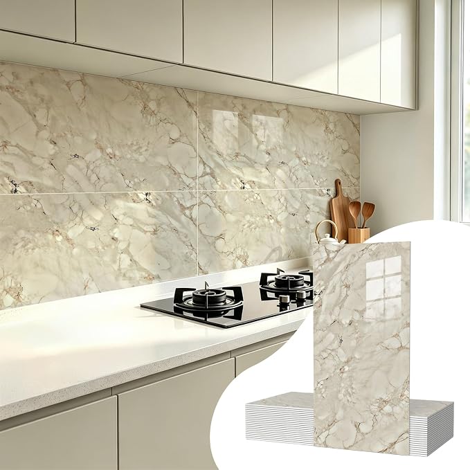 20 Pack 11.8"x23.6" Peel and Stick Backsplash Wall Panels, Self Adhesive Waterproof Back Splash Marble Tiles for Kitchen Bathroom, TV Walls, Living Room, Champagne Gold (Not Real Tiles)
