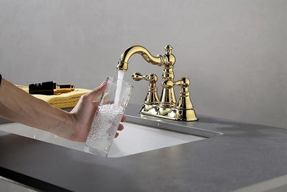 Two Handle Polished Brass Bathroom Faucet 3 Hole with Pop up Drain Assembly, Classic 4 Inch Centerset Lavatory Faucet with 360° Swivel Spout,F-0048-PB