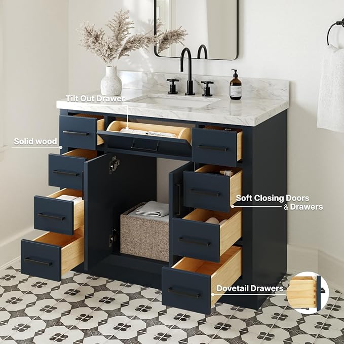 ARIEL Hepburn 42-inch Bathroom Vanity Base Cabinet,Solid Wood, 2 Soft Closing Doors, 9 Dovetail Drawers, Midnight Blue