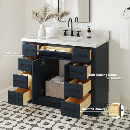 ARIEL Hepburn 42-inch Bathroom Vanity Base Cabinet,Solid Wood, 2 Soft Closing Doors, 9 Dovetail Drawers, Midnight Blue