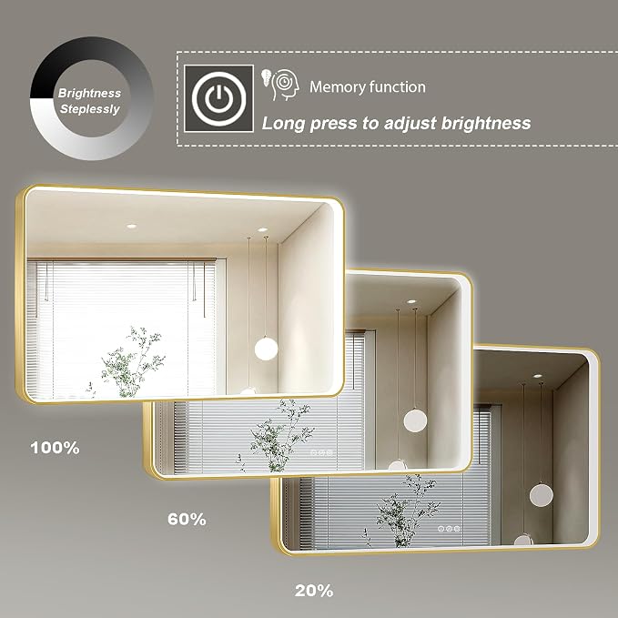 LED Mirror for Bathroom 60X36 Inch Gold Framed with Anti-Fog, Stepless Dimmable, Front Lit, LED Bathroom Vanity Mirror for Wall, Memory Function, Shatter-Proof