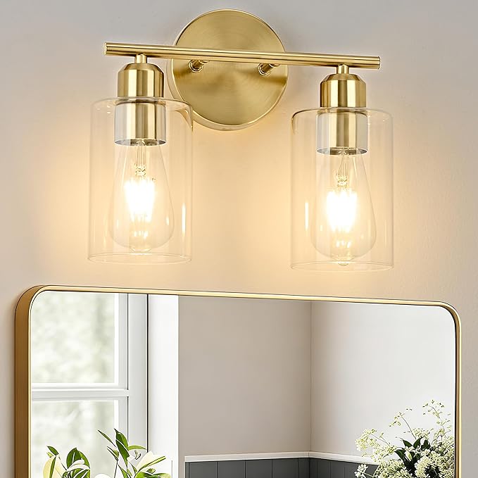 2-Light Bathroom Light Fixtures, Gold Bathroom Vanity Lights, Bathroom Lighting Fixtures Over Mirror with Clear Glass Shade, Wall Sconce Light for Bedroom, Living Room and Hallway