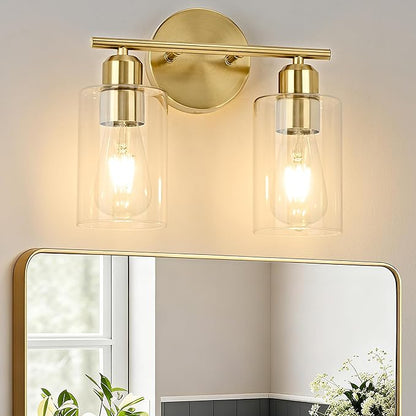 2-Light Bathroom Light Fixtures, Gold Bathroom Vanity Lights, Bathroom Lighting Fixtures Over Mirror with Clear Glass Shade, Wall Sconce Light for Bedroom, Living Room and Hallway