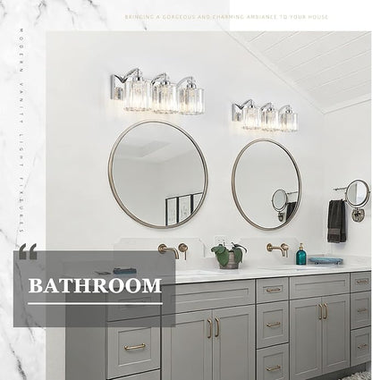 3-Light Modern Bathroom Light Fixture Chrome Vanity Lights Over Mirror Wall Sconce Lighting with K9 Crystal Shades Bathroom Wall Lamp E26 Base for Bedroom, Living Room, Hallway, Cabinet