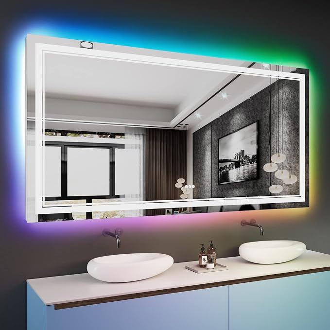 72x36 Inch RGB LED Bathroom Mirror with Lights | Front and RGB Backlit, Dimmable, Memory, Anti Fog, Shatterproof, Horizontal/Vertical, Lighted Mirrors for Bathroom Wall