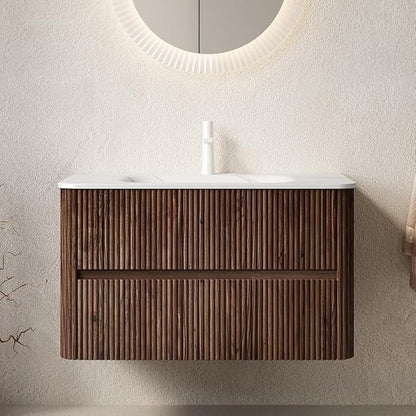 36" Floating Bathroom Vanity with Sink, Wall Mounted Modern Bathroom Cabinet with 2 Soft Close Drawers, Oak & Plywood, Pre-Assembled with Carrara White Basin – Bruges, Retro Walnut/S