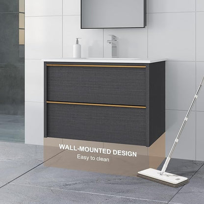 30 Inch Bathroom Vanity with Sink, Floating Vanity Bathroom, Modern Wall Mount Bathroom Cabinet, Double Drawers, Gold Handle, Suitable for All Kinds of bathrooms (Without Sink, 30")