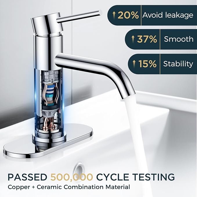 FORIOUS Single Hole Bathroom Faucets 1 Handle, Chrome Bathroom Sink Faucet with Metal Pop up Drain and Supply Hose, Suitable for Vanity Lavatory Restroom Remodel