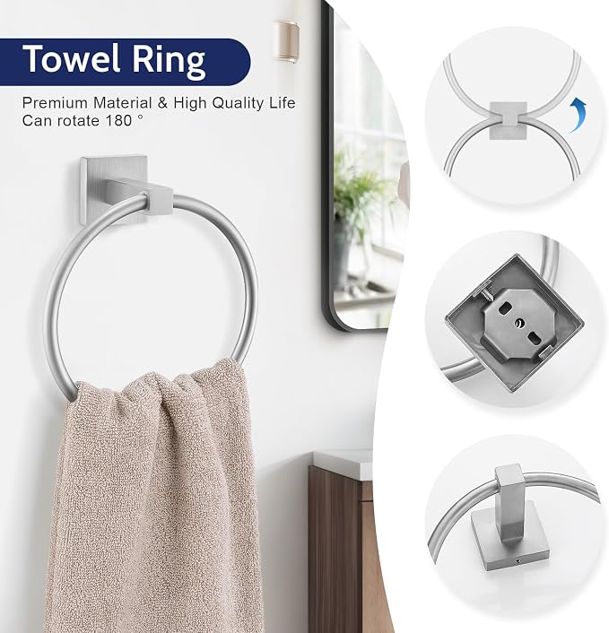 Lairuier 5-Piece Brushed Nickel Bathroom Hardware Set, Bathroom Accessories Set with Towel Bar, Toilet Paper Holder and 2 Towel Hooks SUS304 Stainless Steel Towel Bar Set Wall Mounted
