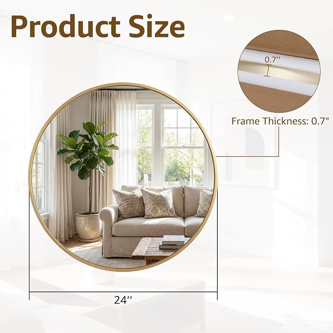 DUMOS 24 Inch Round Wall Mirror, Bathroom Mirrors for Over Sink | Matte Metal Framed Circle Mirror, Wall Decor for Bedroom, Entryway, Anti-Rust, Tempered Glass, Hanging or Leaning, Gold