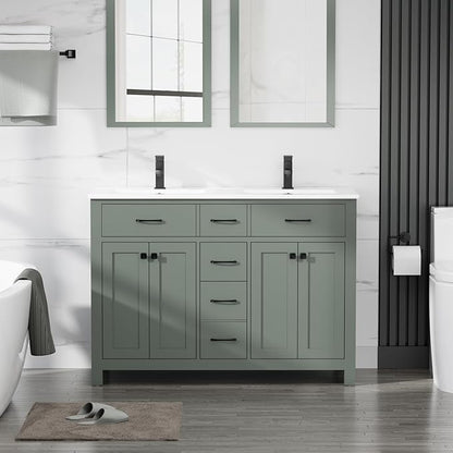 LUCKWIND 48" Bathroom Vanity with Sink Combo, Painted Modern Bathroom Storage Cabinet with Double Resin Sink, Four Doors and Three Drawers, Include Faucet Without Mirror, Green