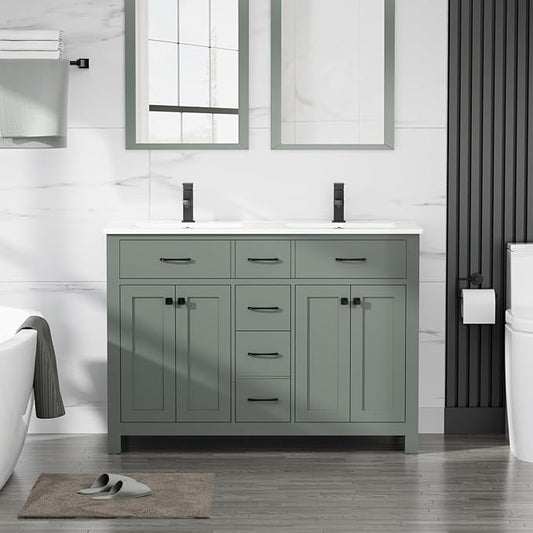 LUCKWIND 48" Bathroom Vanity with Sink Combo, Painted Modern Bathroom Storage Cabinet with Double Resin Sink, Four Doors and Three Drawers, Include Faucet Without Mirror, Green