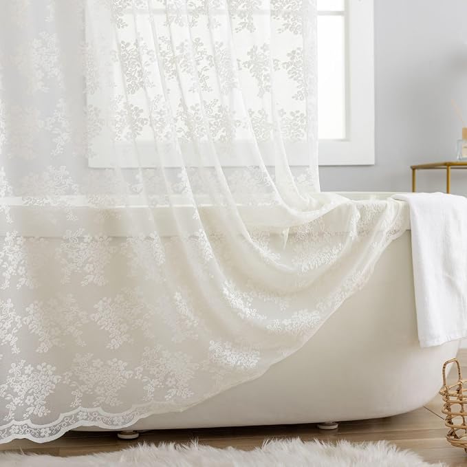 TUDECO Ivory Lace Stall Shower Curtains for Narrow Bathroom, 36''W x 72''L | 36 Shower Curtain, Vintage Flora, Brightens Space, Gentle Privacy,Scalloped Edges, Attached Valance, Reinforced Holes