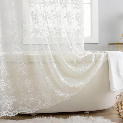 TUDECO Ivory Lace Stall Shower Curtains for Narrow Bathroom, 36''W x 72''L | 36 Shower Curtain, Vintage Flora, Brightens Space, Gentle Privacy,Scalloped Edges, Attached Valance, Reinforced Holes