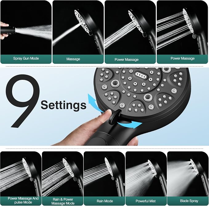 RV Shower Head with Hose, High Pressure 9 Mode Black Shower Head with On/Off Switch, Filtered Black Shower Head, Shower Head for RV/Campers, Travel Trailer, Motorhome for Water Saving（Black）