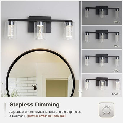 3-Light Bathroom Light Fixtures, Black Modern Vanity Lights with Clear Glass Shade, Bathroom Wall Lamp with Crystal Bubble for Mirror Kitchen Living Room Hallway