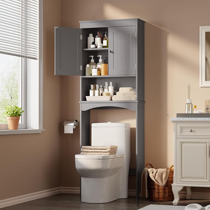 Gizoon Over the Toilet Storage Cabinet with Adjustable Shelf, Grey | Bathroom Space Saver Organizer Above Toilet with Open Shelf and Double Doors, Taller Wooden Free Standing Toilet Rack