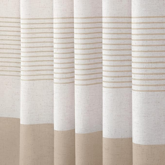 Beige Boho Linen Striped Shower Curtain with Tassel 72" W X 72" L | Boho Farmhouse Shower Curtains with Linen Texture for Bathroom Decor