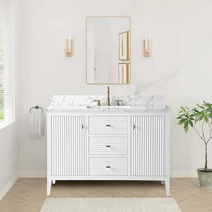 HOMEBEYOND 48" Bathroom Vanity with Sink, Solid Wood Bathroom Vanity Free-Standing Cabinet, Drawers, Ceramic Top & Soft Closing Door, Golden Brushed Handware, White