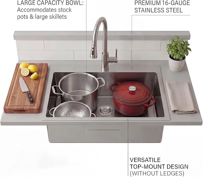 VAPSINT 22x18 Inch Drop In Kitchen Sink, 22 Inch 16 Gauge T304 Stainless Steel Topmount Small Kitchen Bar Sink, Handmade Single Bowl Outdoor RV Laundry Utility Prep Sink with Basket Strainer
