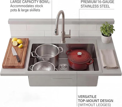 VAPSINT 22x18 Inch Drop In Kitchen Sink, 22 Inch 16 Gauge T304 Stainless Steel Topmount Small Kitchen Bar Sink, Handmade Single Bowl Outdoor RV Laundry Utility Prep Sink with Basket Strainer