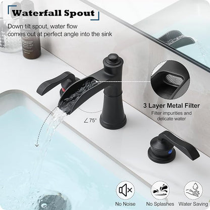 Brass Waterfall Bathroom Faucet, 4-16 Inch Black Bathroom Sink Faucet 3 Hole Bathroom Widespread Faucet, 2 Handles Bathroom Faucets Vanity Faucet with Pop Up Drain, Supply Water Hose