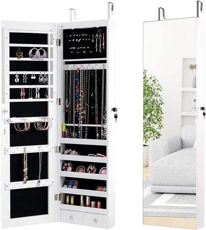 LOKO Mirrored Jewelry Armoire, Wall/Door Mounted Jewelry Cabinet with Full-Length Mirror, Lockable Jewelry Storage Organizer with 2 Drawers & 2 LED Lights, for Girls Women Gift Bedroom (White)