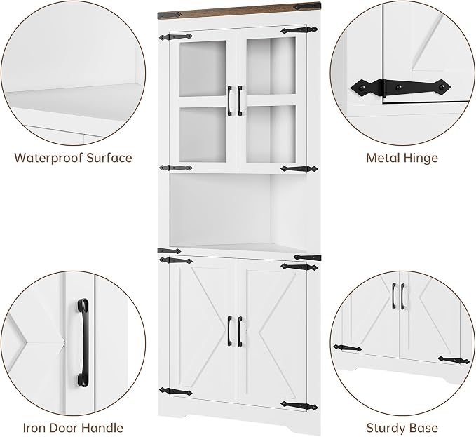 GAOMON Farmhouse Corner Cabinet, Tall Corner Storage with Glass Door & Adjustable Shelves, Bathroom Cabinet with Storage for Living Room, Kitchen, Bathroom, White