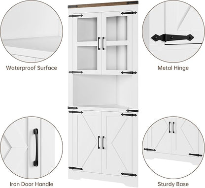 GAOMON Farmhouse Corner Cabinet, Tall Corner Storage with Glass Door & Adjustable Shelves, Bathroom Cabinet with Storage for Living Room, Kitchen, Bathroom, White