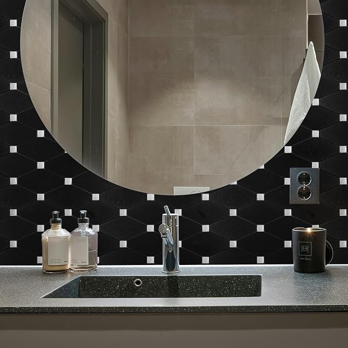 STICKGOO Peel and Stick Backsplash, 10 Sheets Kitchen Mosaic Tile Sticker, Black Brushed Aluminum Composite Panel, Stick on Backsplash for Kitchen, Countertop, Bathroom Vanity