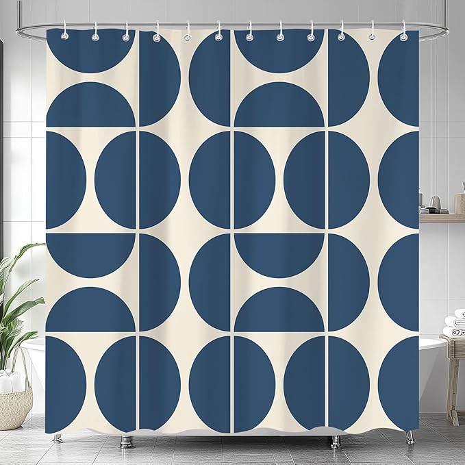 Dark Blue Mid Century Modern Shower Curtain, Boho Abstract Geometric Retro Art Shower Curtains for Bathroom, Colorful Unique Pattern Polyester Fabric Shower Curtain Set 12 Hooks 72X72IN