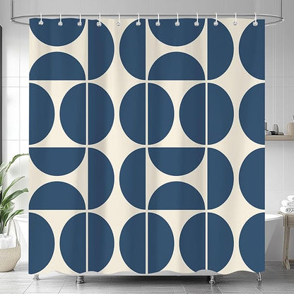 Dark Blue Mid Century Modern Shower Curtain, Boho Abstract Geometric Retro Art Shower Curtains for Bathroom, Colorful Unique Pattern Polyester Fabric Shower Curtain Set 12 Hooks 72X72IN