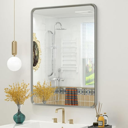 OKPAL 24 x 28 Silver Bathroom Mirror for Wall, Brushed Metal Framed Bathroom Vanity Mirror, Modern Rounded Rectangle Mirror, Anti-Rust (Horizontal/Vertical)