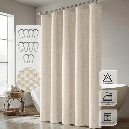 ANRODUO Cream Linen Textured Fabric Shower Curtain Set - 60"x72" with 10 Rust Resistant Durable Metal Hooks, Waterproof & Heavy Duty Polyester, Button Hole Design, Machine Washable for Bathroom