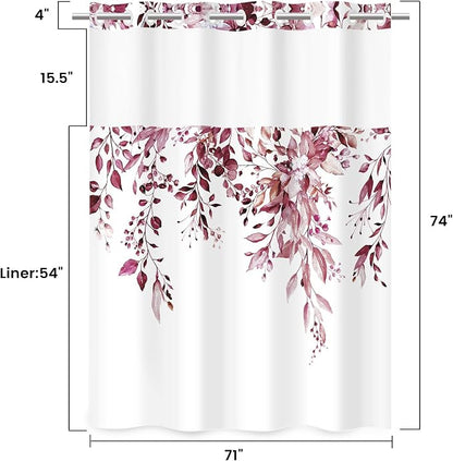 No Hook Shower Curtain with Liner, Eucalyptus Burgundy, 71x74 | Snap in Liner, 3 in 1, Water Repellent, Easy Install, Machine Washable, Hotel Style for Bathroom, Watercolor Pattern