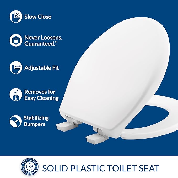 Bemis Aurora Slow Close Toilet Seat, Easy Clean Hinges and Adjustable Perfect Fit Plastic Seat, Made in USA, Round, White