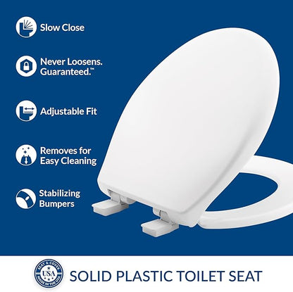 Bemis Aurora Slow Close Toilet Seat, Easy Clean Hinges and Adjustable Perfect Fit Plastic Seat, Made in USA, Round, White