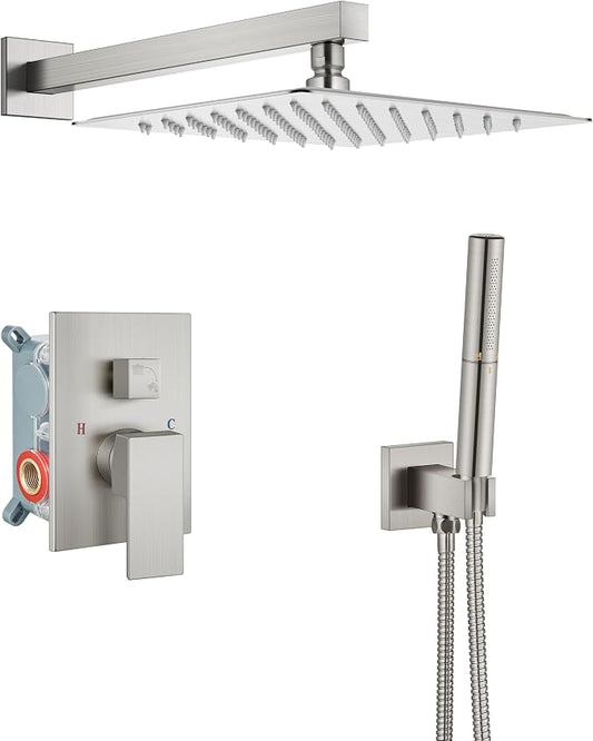 Aolemi Shower System with Rain Head and Handheld,12-Inch,Brushed Nickel | High-Pressure Shower Faucet Set with Dual-Function Handheld,Rough-In Valve,1.8 GPM,Wall-Mount Trim Kit