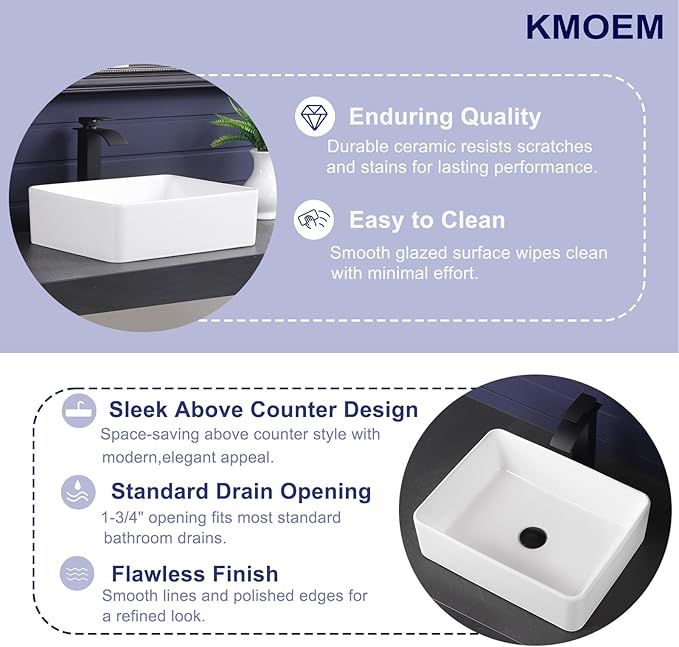 Vessel Sink 19"x15" Rectangular Bathroom Sink Modern White Porcelain Ceramic Above Counter Drop-in Vanity Sink for Bathrooms Art Basin